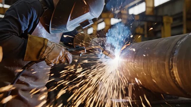 A welder wearing a protective helmet and gloves works on a large metal pipe in an industrial factory. Bright sparks fly from the welding process, illuminating the scene.