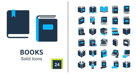 Set of Book Solid Icons Library, Education, Knowledge, Study, Learning