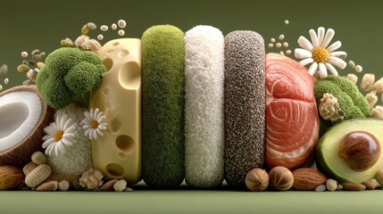 A visually appealing arrangement of various healthy food items including broccoli, cheese, rice, chia seeds, salmon, avocado, coconut, nuts, and flowers, presen