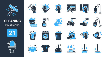 Cleaning and Sanitation A Set of 21 Solid Icons for a Spotless Environment, vector format