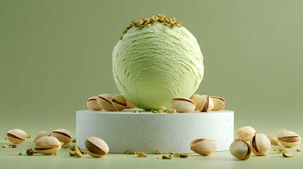 A tall pale green ice cream dessert with a swirl pattern topped with chopped nuts and surrounded by whole pistachios and pistachio shells on a white pedestal against a soft green background