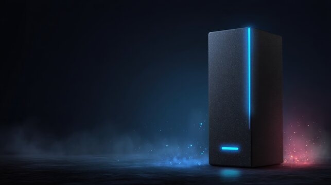 Futuristic Computer Tower with Glowing Blue Light on a Dark Background, High-Tech Design for Modern Gaming and Digital Experiences