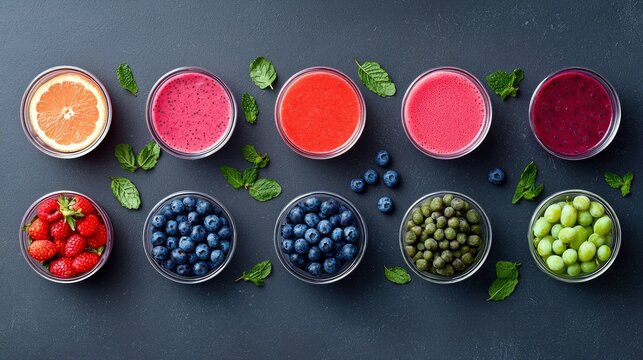 A top-down view of various bowls filled with fresh fruits like strawberries, blueberries, grapes, and grapefruit slices, alongside bowls of colorful fruit smoot