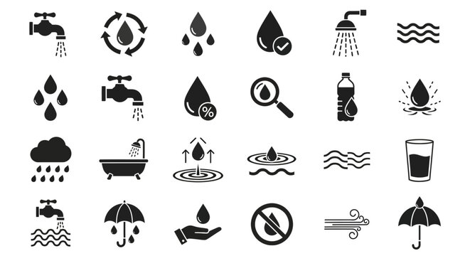 Sleek and modern water icon set featuring symbols for liquid, faucets, rain, waves, and environmental concepts in a simple glyph style