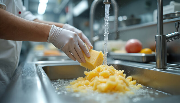 Chef in white uniform and gloves washing dishes with sponge in sink. Water flows from tap. Dirty plates and utensils piled up. Kitchen background with fruits and blurred equipment.