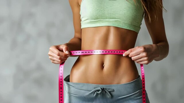 Fit woman measuring her waist with a pink tape measure. Diet and weight loss.