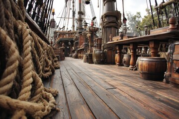 Obraz premium Wooden deck of historic tall ship with ropes and barrels on a clear day