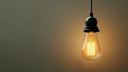 Vintage Edison light bulb hanging from ceiling against warm gradient background, creating cozy atmospheric lighting for interior design.