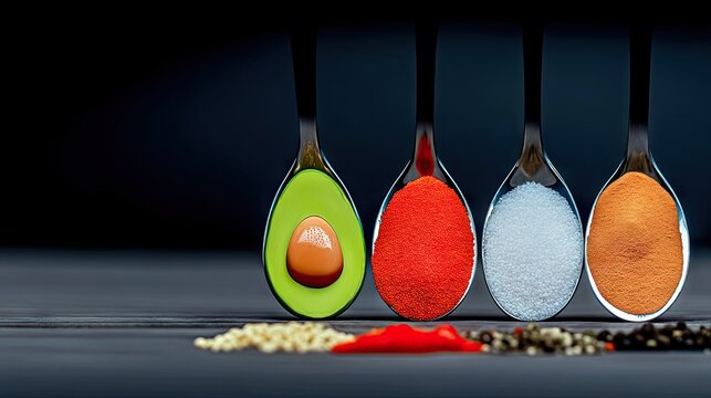 Four spoons are arranged on a dark wooden surface, each holding a different ingredient. The first spoon contains a halved avocado with its pit. The second spoon - Powered by Adobe