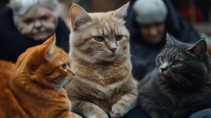 Ginger, orange, and gray cats sitting together with blurred elderly woman in background, showcasing feline companionship.