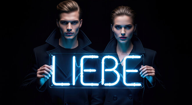 Stylish couple holding a glowing neon sign with the German word for love, "Liebe", in a dark studio setting, Concept for Love and Valentines Day celebration.