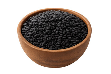 Nigella seeds filling a small wooden bowl, traditional black caraway spice ingredient on transparent background