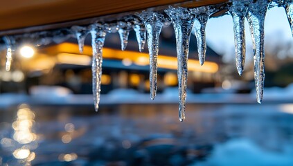 Crystalline icicles hanging from roof edge with blurred winter landscape background, capturing natural light reflections and seasonal cold weather atmosphere.