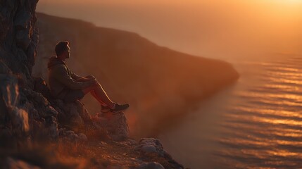 Solitary male hiker resting on coastal cliff edge at sunset, overlooking golden ocean waters and dramatic shoreline in warm evening light.