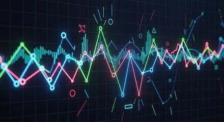 Analyze vibrant stock trends with glowing neon graphs for modern business solutions and data visualization, financial insights, and investment strategies success