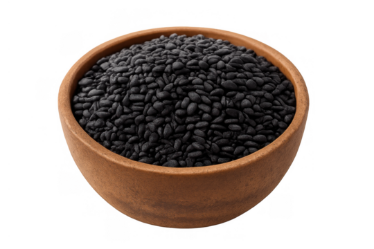 Nigella seeds filling a small wooden bowl, traditional black caraway spice ingredient on transparent background