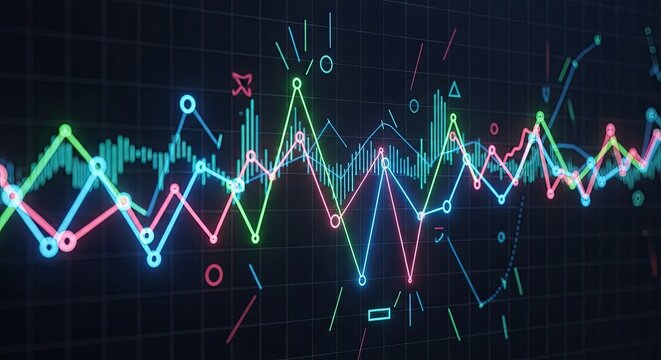 Analyze vibrant stock trends with glowing neon graphs for modern business solutions and data visualization, financial insights, and investment strategies success - Powered by Adobe