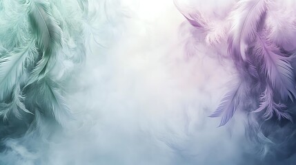Soft pastel feathers in mint green and lavender purple creating dreamy ethereal frame on white background for wedding invitations or spiritual concepts.