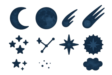 Celestial elements illustrating various night sky phenomena with stars, moon, and comets