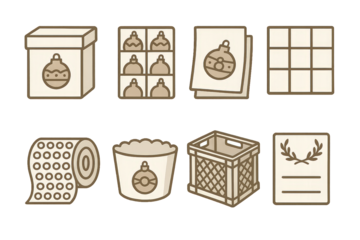 Decorative holiday items and packaging displayed in a simple and fun style for festive celebrations and crafts