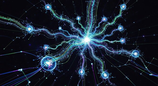 Dynamic network connections with glowing nodes create a vibrant futuristic background for science, technology and innovation presentations and cutting-edge branding