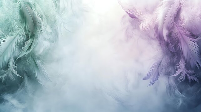 Soft pastel feathers in mint green and lavender purple creating dreamy ethereal frame on white background for wedding invitations or spiritual concepts.