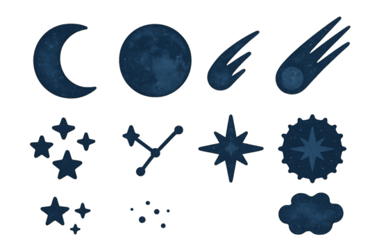 Celestial elements illustrating various night sky phenomena with stars, moon, and comets