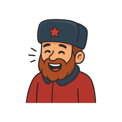 Man laughing happily. Cheerful soldier smiling with joy. Bearded man wearing red uniform and winter hat.