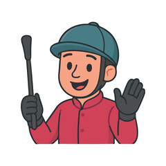 Man waving hand. Happy horse rider greeting. Smiling jockey wearing helmet.