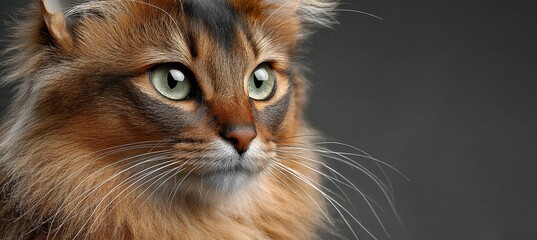 Beautiful Portrait of a Purebred Somali Cat with Green Eyes and Soft Orange Fur, Gray Background