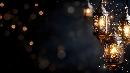 Glowing ornate lanterns with warm light against dark background with bokeh effect, creating festive Ramadan or Diwali atmosphere.