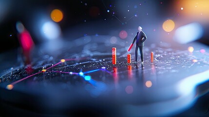 A miniature businessman in a suit stands on a circuit board, pointing at red bar graphs. The background features blurred bokeh lights and a digital network over