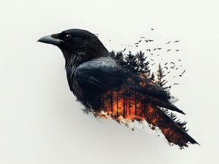 Obraz premium Black raven silhouette with double exposure effect showing forest fire and flying birds against white background, creating dramatic nature contrast.