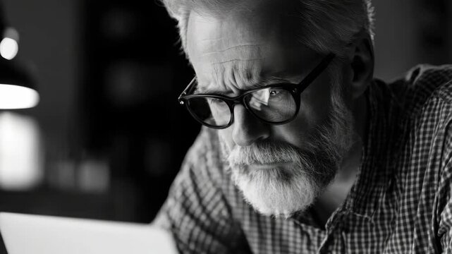 Middle aged man with glasses, beard and stubble, looking intently at laptop screen with crossed eyes, possibly solving complex problem or reading dense material.