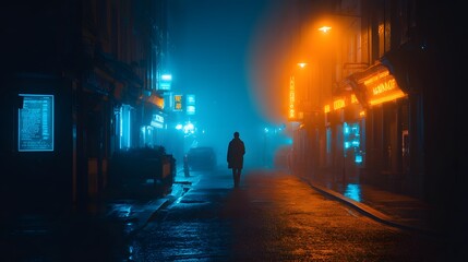 A lone figure walks down a foggy city street at night illuminated by blue and orange neon lights.