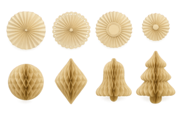 Unique paper decorations for festive occasions displayed in various shapes and sizes