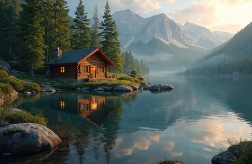 Fototapeta premium Wooden cabin sits by serene lake with misty mountains behind. Tall pine trees surround structure reflected in calm water. Warm light shines from cabin windows at dawn.