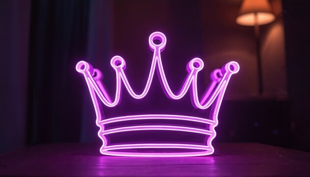 Purple neon crown sign glows brightly in dim room. Modern luminous king queen symbol shines on table. Luxury, power, award, and achievement.