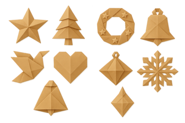 Creative paper origami decorations featuring Christmas themes like trees, stars, and snowflakes in a simple design