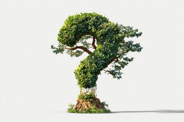 Unique question mark shaped tree with lush green foliage on white background