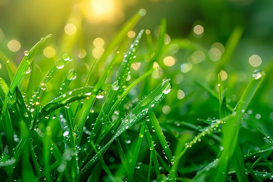 Fresh green grass blades covered with morning dew drops, illuminated by golden sunlight creating bokeh effect in background.