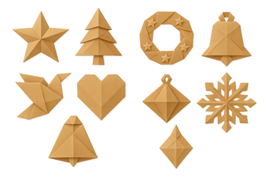 Creative paper origami decorations featuring Christmas themes like trees, stars, and snowflakes in a simple design