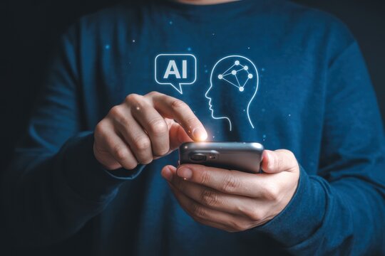 Person interacting with ai on a smartphone with a head icon and ai text bubble overlayed on the image