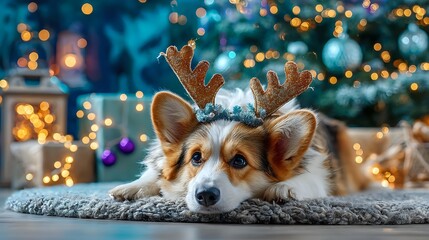 Adorable corgi dog wearing reindeer antlers and tiara, resting on carpet with festive Christmas lights and decorated tree in background.