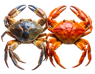 Pair of Whole Raw and Cooked Crabs Side-by-Side Front View, Isolated on Transparent Background