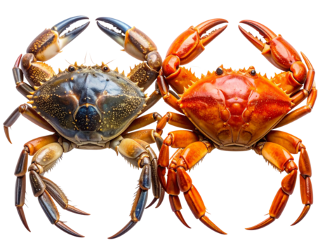 Pair of Whole Raw and Cooked Crabs Side-by-Side Front View, Isolated on Transparent Background