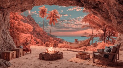 Cozy cave retreat with fire pit and hammock overlooking tropical sunset ocean view
