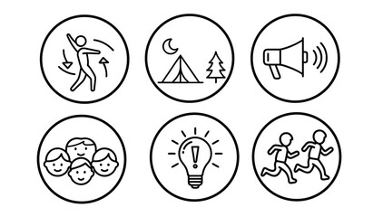  Line icon set school summer camp hiking concept. Outdoor education children teamwork adventure minimal style. Posters stroke transparent grid background  illustration.