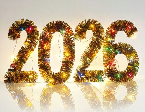 Year "2026" golden tinsel, lit string lights