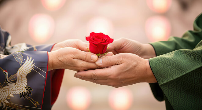 Close-up of a red rose being exchanged between a couple wearing traditional Japanese kimonos, symbolizing romance and affection .Concept for Love and Valentines Day celebration.